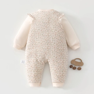 Floral baby girl romper with ruffles and rib-knit cuffs in soft pink cotton