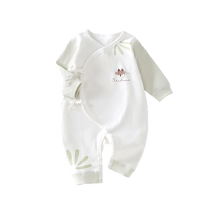 Newborn cotton romper with reindeer embroidery and side-tie kimono design in white and green