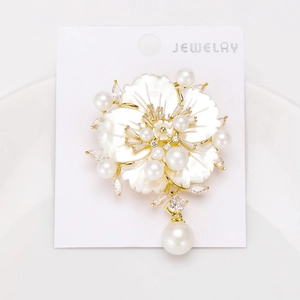 Vue macro d'une broche fleur de luxe avec nacre, zircons et perles sur une carte blanche