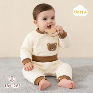 Ensemble de Vêtements Thermiques Matelassés pour Bébé en Coton Rembourré Nourrisson Manches Longues Haut Pantalon Taille Haute Ours Brodé