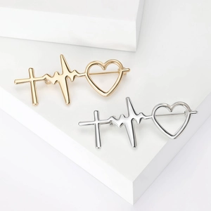 Broche Créative en Alliage EKG Battement de Coeur Croix Épingle Coeur Minimaliste Pour Femmes Hommes Or Argent Bijoux