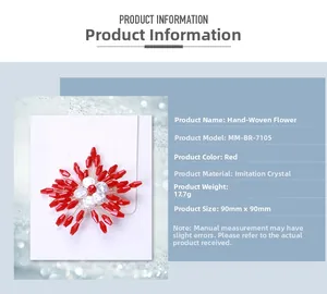 Detailed view of hand-woven red crystal brooch with pearls and product specifications