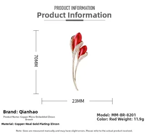 Detail showing dimensions of red copper tulip brooch with micro-set zircon and gold plating