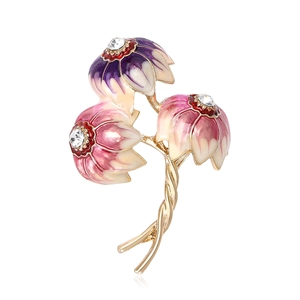 Three-flower enamel brooch with pink purple petals and rhinestones on gold stem