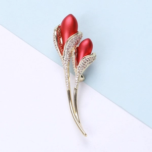 Luxurious Copper Inlaid Zirconia Tulip Flower Brooch Elegant Red Floral Gold Plated Suit Accessories For Women Party Jewelry