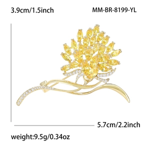 Elegant gold flower brooch with yellow marquise zircon crystals for coat or dress