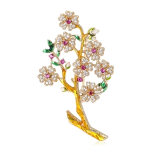 Broche Fleur de Prunier en Zirconia Micro Pavé Style Chinois pour Femme Broche en Émail Branche de Cuivre Doré Bijoux de Luxe