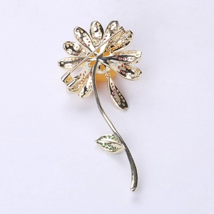 Detail showing the secure back pin and multi-color zircon inlay of the daisy brooch
