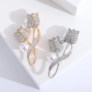 Broche Tulipe Élégante en Alliage avec Strass et Künstliche Perle Artificielle Corsage de Fleurs pour Femmes Bijoux de Bureau