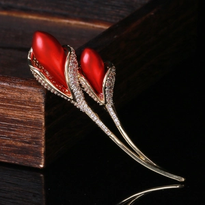 Elegant gold-plated tulip flower brooch with red enamel buds and micro-set crystals