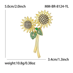 Dubbele zonnebloem broche met gele en groene zirkonia op vergulde legering voor jas