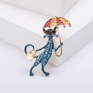Cute blue cat brooch with red striped umbrella and orange glasses in enamel alloy