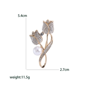 Broche tulipe avec strass et perle, épingle à fleurs en alliage doré de 5,4 cm de haut