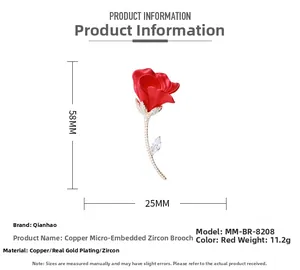 Spécifications détaillées de la broche rose en zircon avec dimensions de 58mm x 25mm et matière