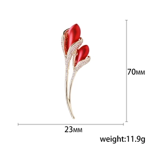 Elegant gold-tone tulip flower brooch with red satin finish petals and zircon accents