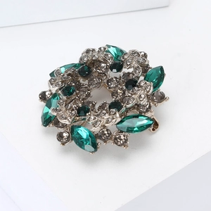 Vintage silver flower wreath brooch with emerald and smoky crystals for coats