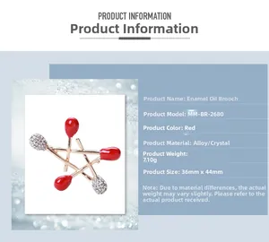 Detailed view of rhinestone matchstick star brooch with dimensions and product specifications