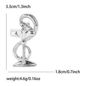 Silver medical caduceus serpent cup brooch pin for suits and coats, size 3.3x1.8cm