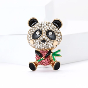 Cute panda brooch with sparkling white rhinestones and green enamel bamboo for women