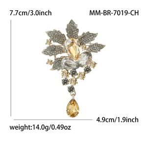 Champagne crystal flower brooch with leaf design and teardrop pendant 7.7x4.9cm