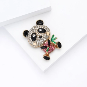 Cute panda brooch with pink and white rhinestones on gold alloy base for women