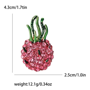 Drachenfrucht Brosche mit rosa Strasssteinen und grünen Blättern inklusive Maßen
