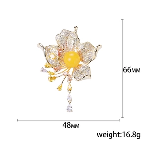 Exquisite zircon tassel flower brooch with yellow amber stone for elegant suits and coats