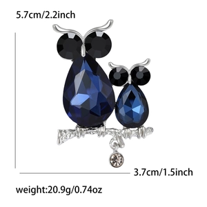 Elegante spilla a forma di gufo con pietre blu scuro e placcatura in lega d'argento