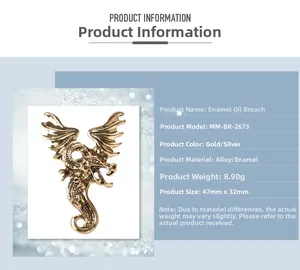 Detailed specifications of a vintage flying dragon enamel brooch in gold and silver alloy