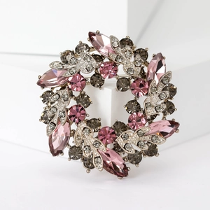 Luxury Baroque floral wreath brooch with pink crystals and smoke grey rhinestones