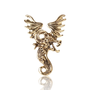 Macro detail of the bronze dragon brooch showing intricate wing textures and scales