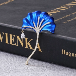 Elegant blue ginkgo leaf brooch with micro-pave zircons and water drop pendant accessory