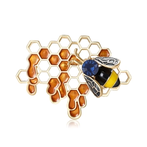 Elegant Alloy Enamel Honeycomb Bee Brooch Pin With Blue Zirconia And Faux Artificial Pearl For Women Clothing Accessories Gift