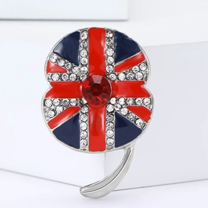 Union Jack Poppy Flower Brooch For Women Men Alloy Enamel Rhinestone Pin Fashion Botanical Suit Coat Lapel Pin Jewelry