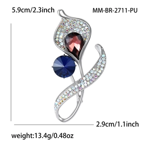 Elegant orchid crystal brooch with red teardrop and blue round zircon stones