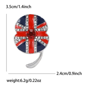 British flag poppy flower brooch in alloy with red stones and rhinestones, 3.5cm height