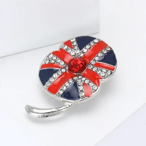 Poppy flower brooch with Union Jack enamel pattern and red crystal center for suits