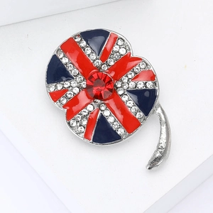 British Union Jack poppy flower brooch in silver alloy with red and blue enamel crystals