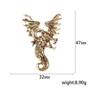 Retro golden dragon brooch pin for men with 47mm height and 32mm width dimensions