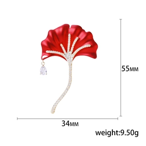 Elegant red ginkgo leaf brooch with pavé zircon details and a teardrop crystal drop