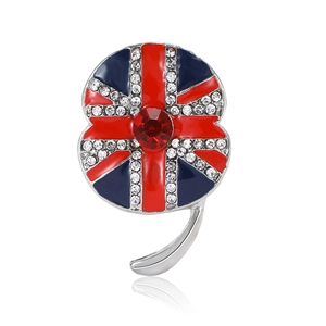 Poppy flower brooch with Union Jack pattern, red crystal center and sparkling rhinestones