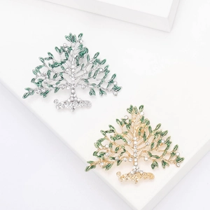 Broche Arbre De Vie Vintage En Alliage Émaillé Pour Femme Épingle Plante À Feuilles Vertes Strass Or Argent Bijoux De Mode Cadeau