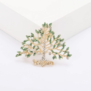 Broche Arbre de Vie en alliage doré avec émail vert et cristaux étincelants pour costume