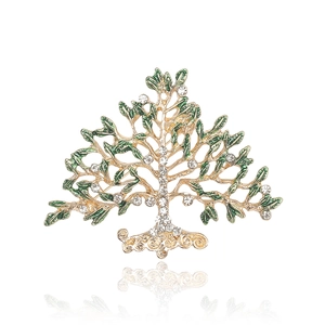 Broche Arbre de Vie dorée avec feuilles en émail vert et strass blancs scintillants