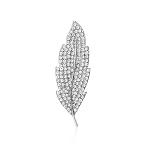 Elegant silver feather brooch with sparkling crystals for suits and evening dresses