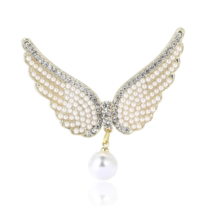 Élégante broche ailes d'ange en alliage doré avec perles blanches et strass pour femmes