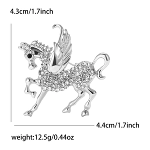 Exquisite rhinestone flying horse pegasus brooch pin for suits and cardigans in silver finish