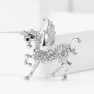 Elegant silver Pegasus brooch with sparkling rhinestones and black gem eye for suits