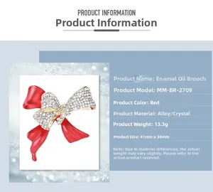 Spécifications de la broche nœud en émail rouge et strass avec dimensions de 41mm par 38mm