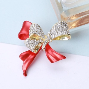 Élégante Broche Nœud Papillon en Alliage Émail Rouge Avec Strass Incrustés Épingle pour Femmes Costume Manteau Pull Accessoire Bijoux